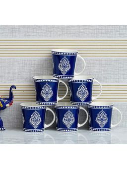 Femora - Indian Ceramic Handmade Blue Block Print Tea Cup - 6 Pcs - 160 Ml