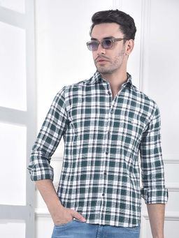 CRIMSOUNE CLUB - Men's Green Checked 100% Cotton Casual Shirt
