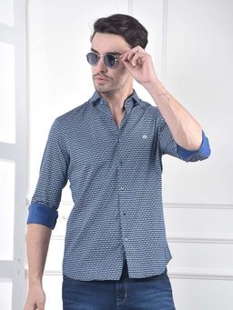 CRIMSOUNE CLUB - Men's Blue Printed 100% Cotton Shirt