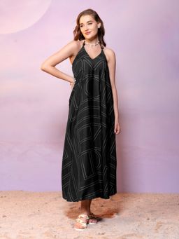 All Eyes On You - AEOY Black Monogram Print Halter Neck Dress (1N)