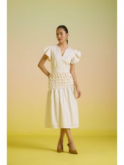 HOUSE OF HEATHER - Off White Vanilla Smocked Pearl Midi Dress