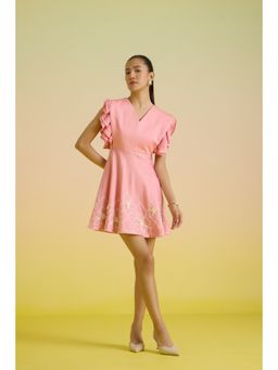 HOUSE OF HEATHER - Pink Rose Petal Embroidered Mini Dress