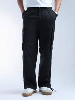 Flying Machine - Black Solid Relaxed Tapered Fit Cargo