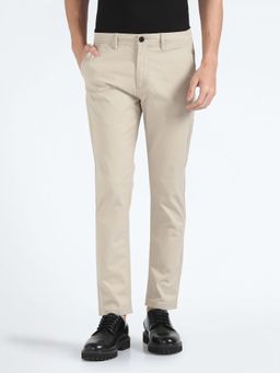 Flying Machine - Beige Tapered Solid Twill Trousers