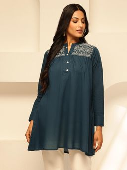 Vbuyz - Women Aqua Blue Solid Fit and Flare Cotton Tunic