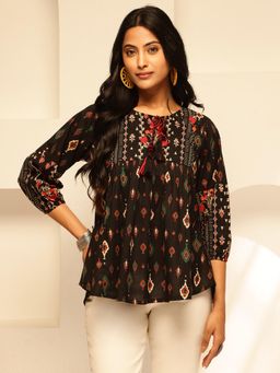 Vbuyz - Women Black Floral Printed Fit and Flare Cotton Tunic