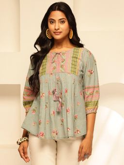 Vbuyz - Women Green Floral Printed Fit and Flare Cotton Tunic