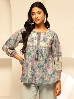 Vbuyz - Women Green Floral Printed Fit and Flare Cotton Tunic