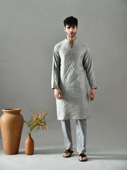 KELIN - Grey Regular Fit Chanderi Cotton Kurta with Pant (Set of 2)