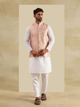 SOJANYA - Cotton White Kurta with Pyjama and Nehru Jacket (Set of 3)