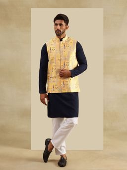 SOJANYA - Cotton Navy Kurta with Pyjama and Nehru Jacket (Set of 3)