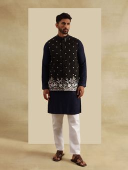 SOJANYA - Cotton Navy Kurta with Pyjama and Nehru Jacket (Set of 3)