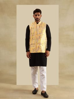 SOJANYA - Cotton Black Kurta with Pyjama and Nehru Jacket (Set of 3)