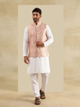 SOJANYA - Cotton White Kurta with Pyjama and Nehru Jacket (Set of 3)
