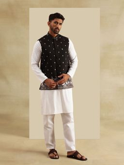 SOJANYA - Cotton White Kurta with Pyjama and Nehru Jacket (Set of 3)