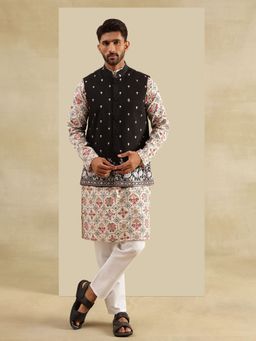 SOJANYA - Cotton Linen Pink Kurta with Pyjama and Nehru Jacket (Set of 3)