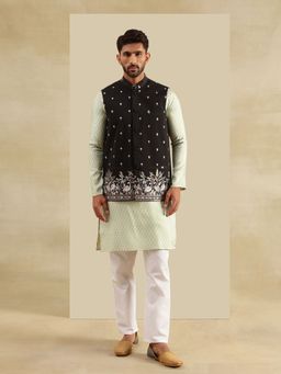 SOJANYA - Silk Blend Green Kurta with Pyjama and Nehru Jacket (Set of 3)
