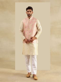 SOJANYA - Silk Blend Cream Kurta with Pyjama and Nehru Jacket (Set of 3)