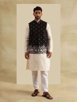 SOJANYA - Cotton Silk Cream Kurta with Pyjama and Nehru Jacket (Set of 3)