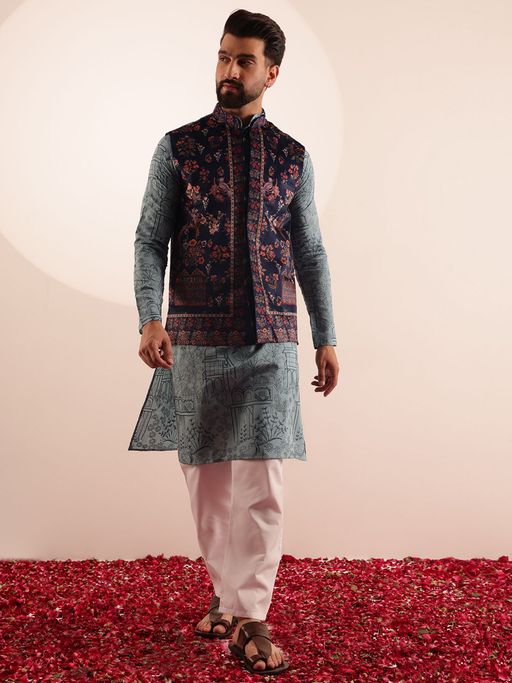 SOJANYA Cotton Silk Blue Kurta with Pyjama and Nehru Jacket (Set of 3)