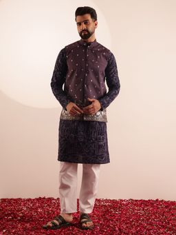 SOJANYA - Cotton Silk Purple Kurta with Pyjama and Nehru Jacket (Set of 3)