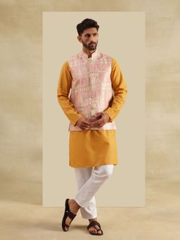 SOJANYA - Cotton Blend Yellow Kurta with Pyjama and Nehru Jacket (Set of 3)
