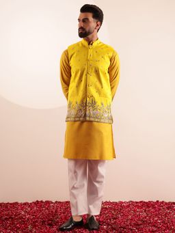 SOJANYA - Cotton Blend Yellow Kurta with Pyjama and Nehru Jacket (Set of 3)