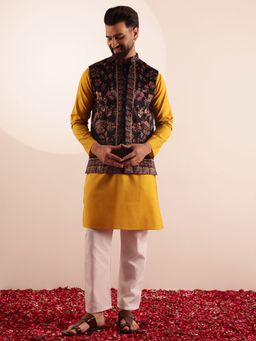 SOJANYA - Cotton Blend Yellow Kurta with Pyjama and Nehru Jacket (Set of 3)