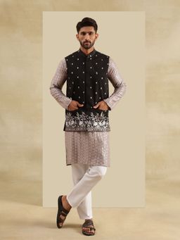 SOJANYA - Cotton Rayon Purple Kurta with Pyjama and Nehru Jacket (Set of 3)