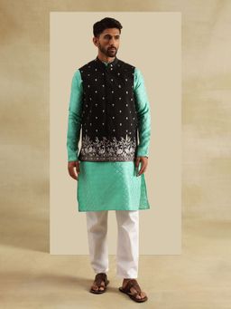SOJANYA - Jacquard Silk Green Kurta with Pyjama and Jacket (Set of 3)
