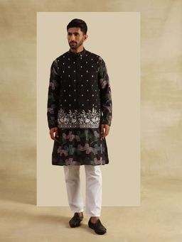 SOJANYA - Cotton Silk Black Kurta with Pyjama and Nehru Jacket (Set of 3)