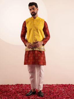 SOJANYA - Silk Blend Maroon Kurta with Pyjama and Nehru Jacket (Set of 3)