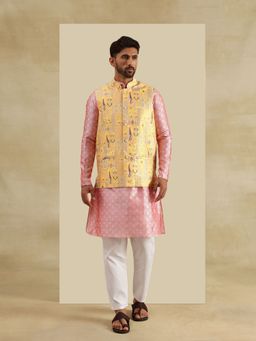 SOJANYA - Jacquard Silk Pink Kurta with Pyjama and Nehru Jacket (Set of 3)