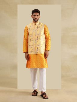 SOJANYA - Jacquard Silk Yellow Kurta with Pyjama and Nehru Jacket (Set of 3)