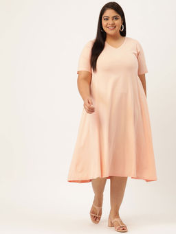 theRebelinme - Women's Light Peach Solid Color V-neck Cotton A-line Dress