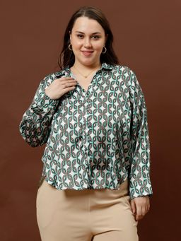 AAREIN - Women White-Green Printed Satin Shirt