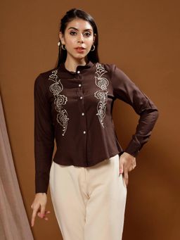 AAREIN - Women Brown Solid Embroidered Rayon Shirt