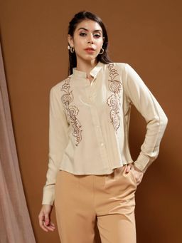 AAREIN - Women Cream Colored Solid Embroidered Rayon Shirt