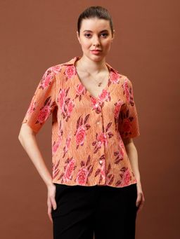 AAREIN - Women Pink Floral Pleated Shirt