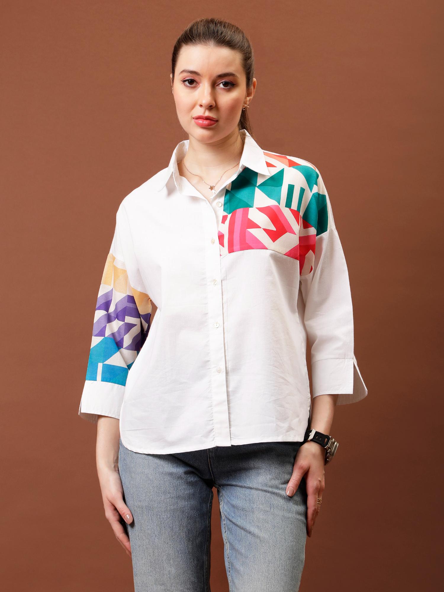 aarein Women White Geometric Patch Shirt-picture-21