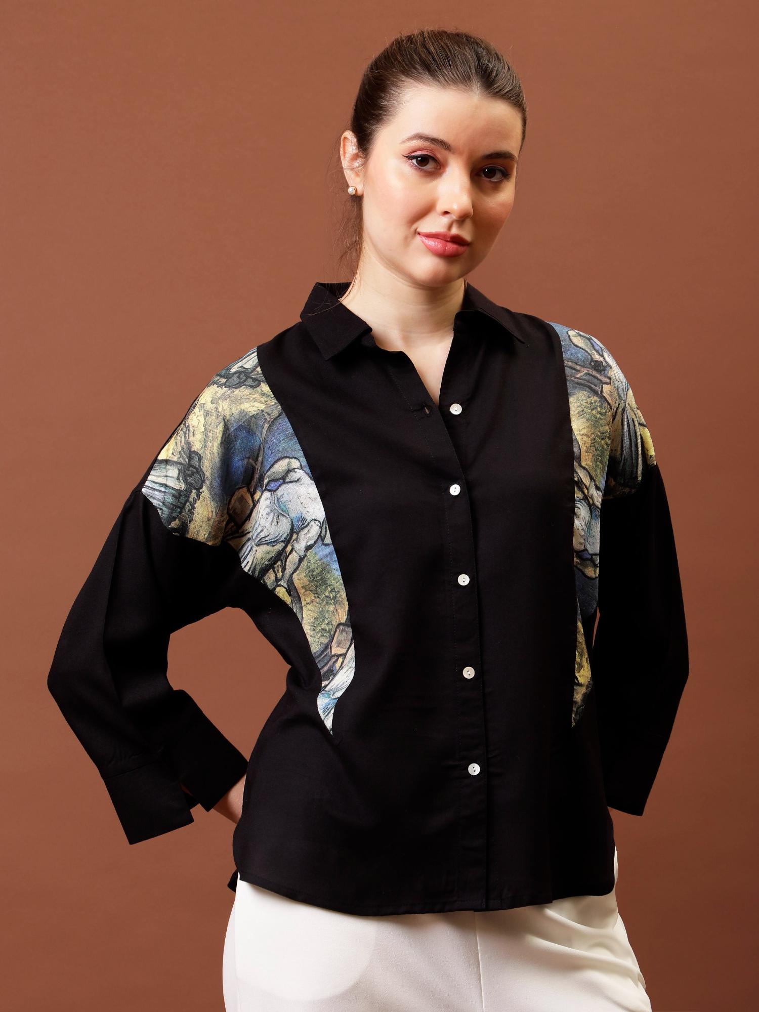 aarein Women Black Blue Triangular Patch Shirt-picture-10