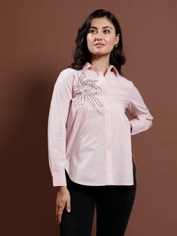 AAREIN - Women Pink Cotton Embellished Shirt