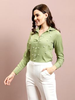 AAREIN - Women Green Pearls Embellished Shirt