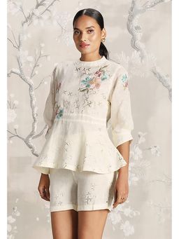 Kaveri - Corsage Peplum Off White Top