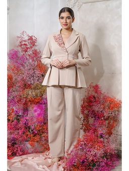 Label Swish - Beige Floral Embellished Double Breasted Peplum Blazer with Pants