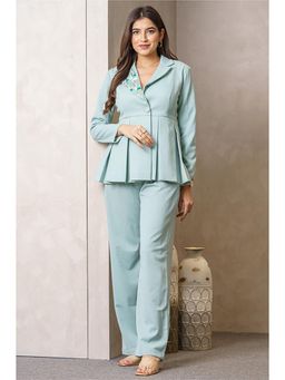 Label Swish - Sea Turquoise Embellished Double Breasted Peplum Blazer with Pants