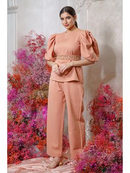 Label Swish - Light Orange Exaggerated Sleeve Top with Embellished Belt and Pant