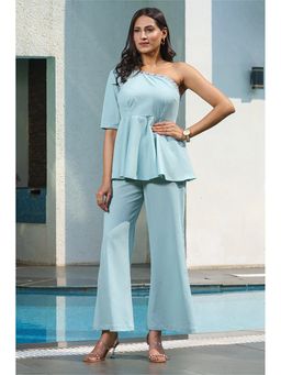 Label Swish - Sea Green Embellished Peplum Top with Flared Pants