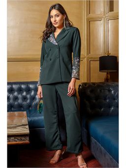 Label Swish - Bottle Green Floral Embellished Double Breasted Blazer with Pants