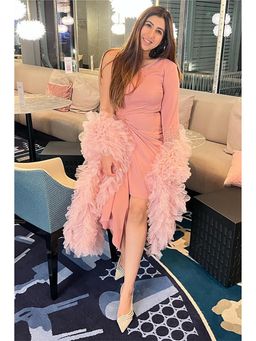 Label Swish - Pink One Off Shoulder Embellished Short Dress With A Tulle Scarf